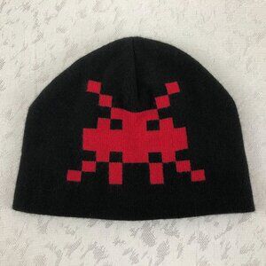 Vintage Unisex Black Beanie Knit Cap with Red Pixel Image Size Youth